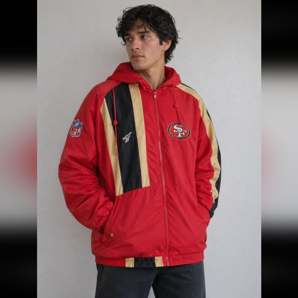 Vintage 49er 90s Red and Black Team Jacket W Hood REEBOK LARGE Mens